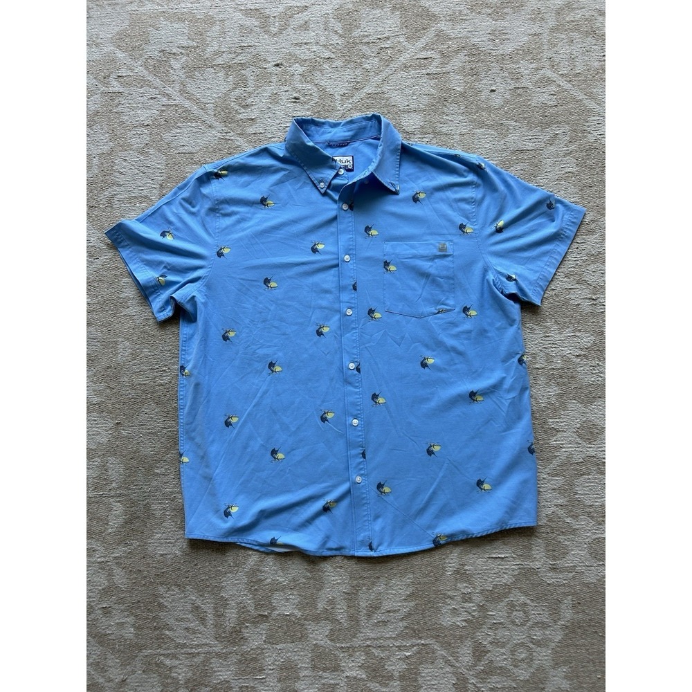 Huk Fishing Shirt Mens XL Blue Marlin Sun Print Short Sleeve Button Down Pocket